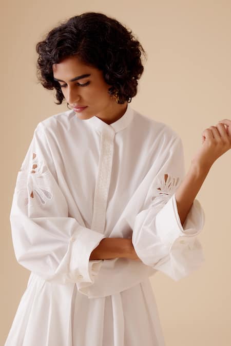 Shop Bunka White Cut Work Mandarin Collar Eclectic Sleeve Cotton Shirt Online at Aza Fashions Shop_Bunka_White Cut Work Mandarin Collar Eclectic Sleeve Cotton Shirt _Online_at_Aza_Fashions