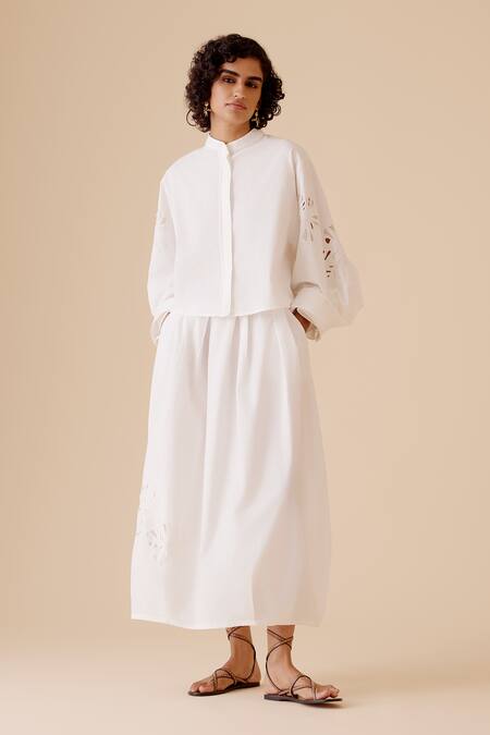 Bunka White Cut Work Mandarin Collar Eclectic Sleeve Cotton Shirt at Aza Fashions Bunka_White Cut Work Mandarin Collar Eclectic Sleeve Cotton Shirt _at_Aza_Fashions