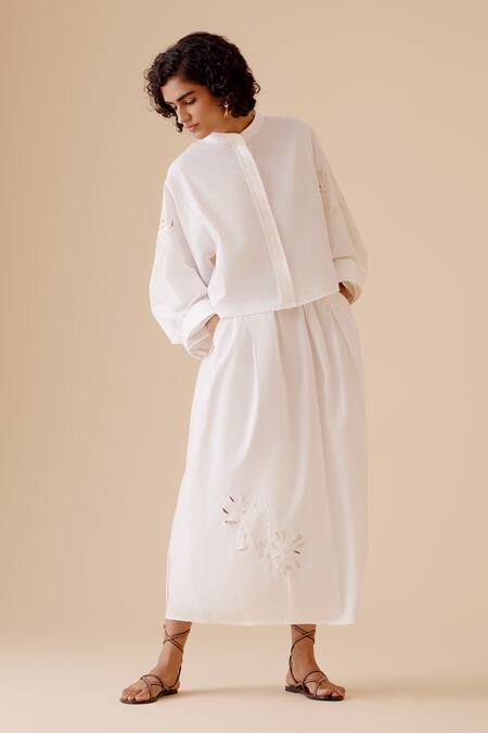 Buy Bunka White Cut Work Mandarin Collar Eclectic Sleeve Cotton Shirt Buy_Bunka_White Cut Work Mandarin Collar Eclectic Sleeve Cotton Shirt