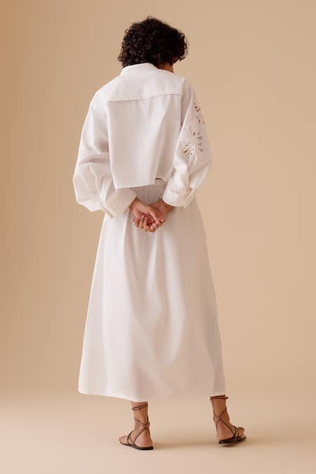 Shop Bunka White Cut Work Mandarin Collar Eclectic Sleeve Cotton Shirt at Aza Fashions Shop_Bunka_White Cut Work Mandarin Collar Eclectic Sleeve Cotton Shirt _at_Aza_Fashions