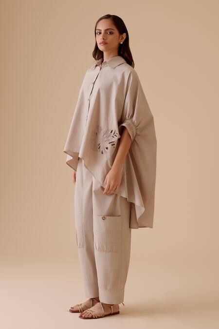 Bunka Beige Cut Work Collared High-low Kaftan Shirt Online at Aza Fashions Bunka_Beige Cut Work Collared High-low Kaftan Shirt _Online_at_Aza_Fashions