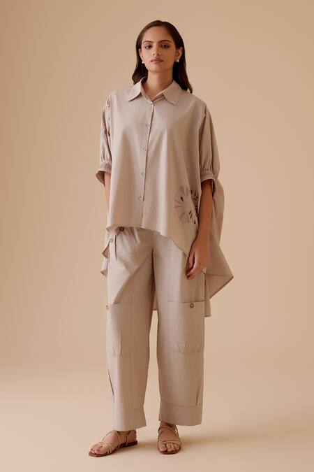 Buy Bunka Beige Cut Work Collared High-low Kaftan Shirt Online at Aza Fashions Buy_Bunka_Beige Cut Work Collared High-low Kaftan Shirt _Online_at_Aza_Fashions