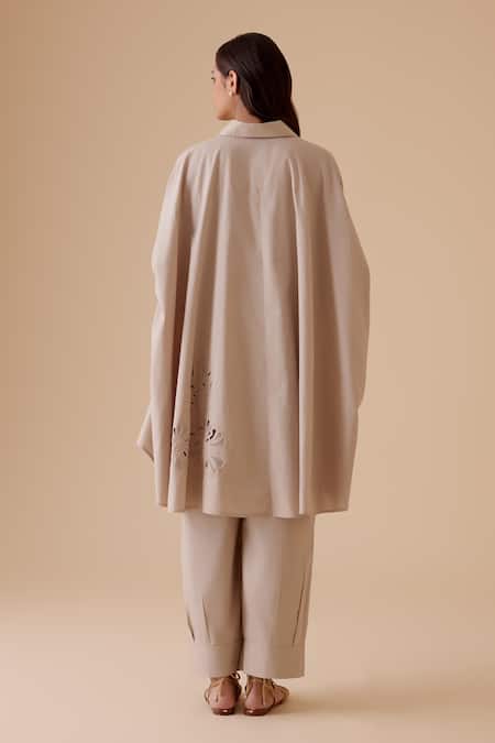 Shop Bunka Beige Cut Work Collared High-low Kaftan Shirt at Aza Fashions Shop_Bunka_Beige Cut Work Collared High-low Kaftan Shirt _at_Aza_Fashions