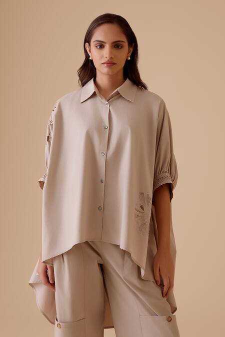 Shop Bunka Beige Cut Work Collared High-low Kaftan Shirt Online at Aza Fashions Shop_Bunka_Beige Cut Work Collared High-low Kaftan Shirt _Online_at_Aza_Fashions