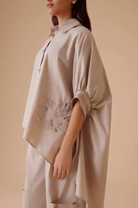Bunka Beige Cut Work Collared High-low Kaftan Shirt at Aza Fashions Bunka_Beige Cut Work Collared High-low Kaftan Shirt _at_Aza_Fashions