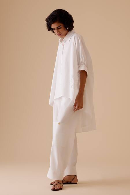 Bunka White Cut Work Collared High-low Kaftan Shirt Online at Aza Fashions Bunka_White Cut Work Collared High-low Kaftan Shirt _Online_at_Aza_Fashions