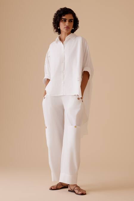 Buy Bunka White Cut Work Collared High-low Kaftan Shirt Online at Aza Fashions Buy_Bunka_White Cut Work Collared High-low Kaftan Shirt _Online_at_Aza_Fashions