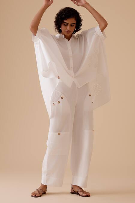 Shop Bunka White Cut Work Collared High-low Kaftan Shirt Online at Aza Fashions Shop_Bunka_White Cut Work Collared High-low Kaftan Shirt _Online_at_Aza_Fashions