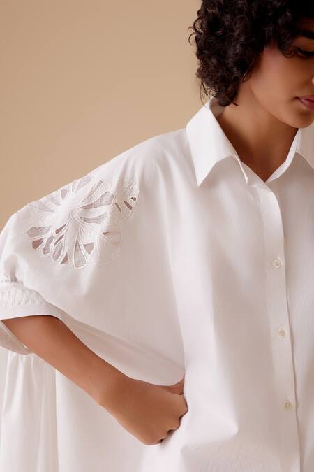 Bunka White Cut Work Collared High-low Kaftan Shirt at Aza Fashions Bunka_White Cut Work Collared High-low Kaftan Shirt _at_Aza_Fashions