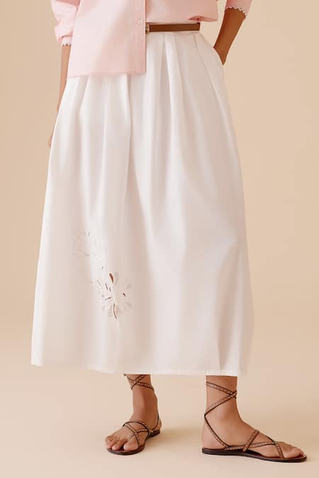 Bunka_White Cut Work Pleated Midi Skirt _Online_at_Aza_Fashions