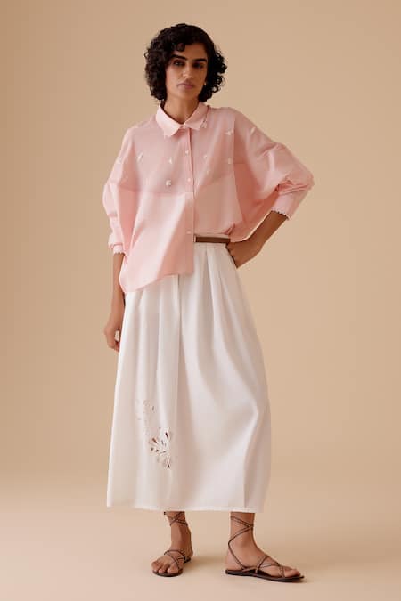 Buy_Bunka_White Cut Work Pleated Midi Skirt _Online_at_Aza_Fashions