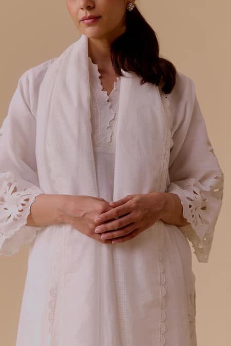 Bunka_White Cotton Cut Work Split V-neck Floral Kurta Set _at_Aza_Fashions