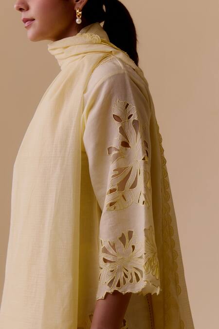 Shop Bunka Yellow Cotton Cut Work V-neck Floral Kurta Set Online at Aza Fashions Shop_Bunka_Yellow Cotton Cut Work V-neck Floral Kurta Set _Online_at_Aza_Fashions