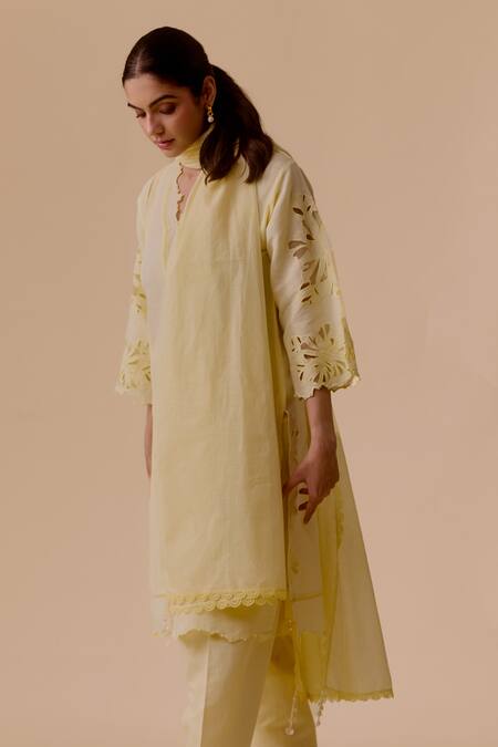 Bunka Yellow Cotton Cut Work V-neck Floral Kurta Set at Aza Fashions Bunka_Yellow Cotton Cut Work V-neck Floral Kurta Set _at_Aza_Fashions
