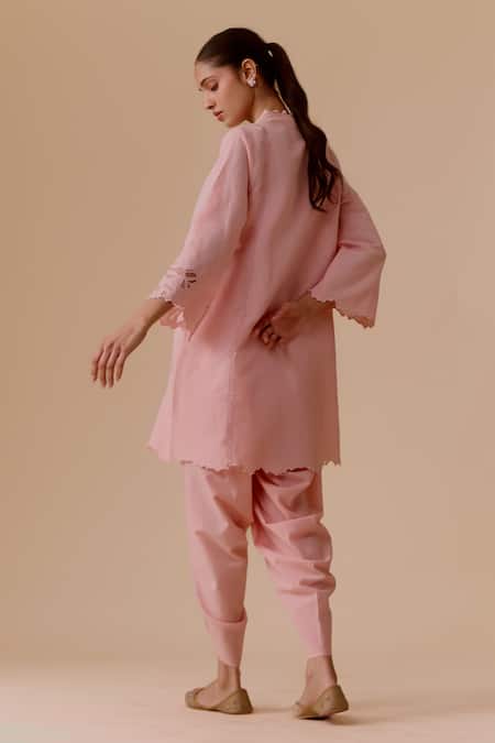 Shop Bunka Pink Cotton, Kota Doria Cut Work V-neck Choga-style Kurta Set at Aza Fashions Shop_Bunka_Pink Cotton, Kota Doria Cut Work V-neck Choga-style Kurta Set _at_Aza_Fashions