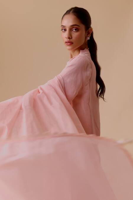 Buy Bunka Pink Cotton, Kota Doria Cut Work V-neck Choga-style Kurta Set Online at Aza Fashions Buy_Bunka_Pink Cotton, Kota Doria Cut Work V-neck Choga-style Kurta Set _Online_at_Aza_Fashions