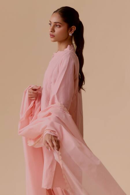 Shop Bunka Pink Cotton, Kota Doria Cut Work V-neck Choga-style Kurta Set Online at Aza Fashions Shop_Bunka_Pink Cotton, Kota Doria Cut Work V-neck Choga-style Kurta Set _Online_at_Aza_Fashions