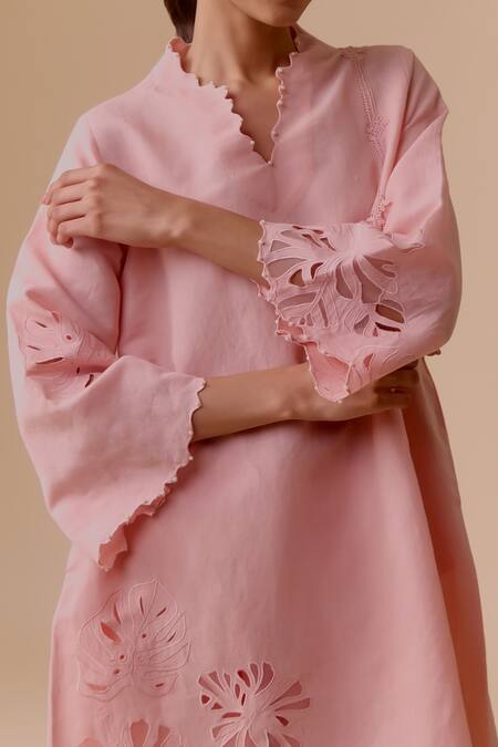 Bunka Pink Cotton, Kota Doria Cut Work V-neck Choga-style Kurta Set at Aza Fashions Bunka_Pink Cotton, Kota Doria Cut Work V-neck Choga-style Kurta Set _at_Aza_Fashions