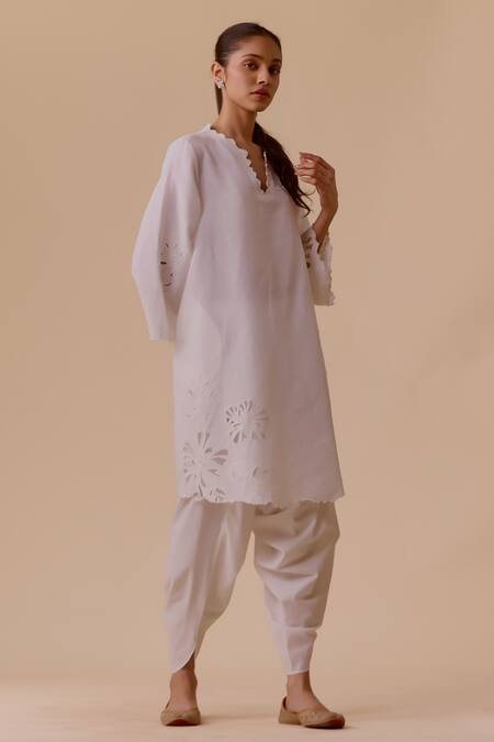 Bunka Ivory Cotton, Kota Doria V-neck Choga-style Kurta Set Online at Aza Fashions Bunka_Ivory Cotton, Kota Doria V-neck Choga-style Kurta Set _Online_at_Aza_Fashions