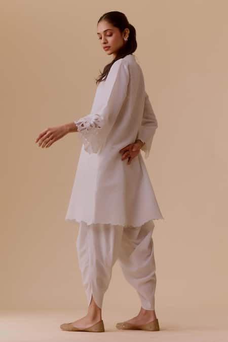 Shop Bunka Ivory Cotton, Kota Doria V-neck Choga-style Kurta Set Online at Aza Fashions Shop_Bunka_Ivory Cotton, Kota Doria V-neck Choga-style Kurta Set _Online_at_Aza_Fashions
