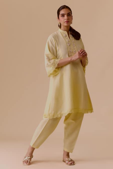 Shop Bunka Yellow Cotton Pearls, Embroidery, Crystals Mandarin Collar Kurta Set at Aza Fashions Shop_Bunka_Yellow Cotton Pearls, Embroidery, Crystals Mandarin Collar Kurta Set _at_Aza_Fashions