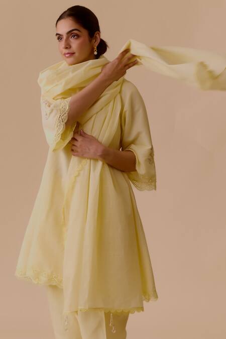 Bunka Yellow Cotton Pearls, Embroidery, Crystals Mandarin Collar Kurta Set Online at Aza Fashions Bunka_Yellow Cotton Pearls, Embroidery, Crystals Mandarin Collar Kurta Set _Online_at_Aza_Fashions