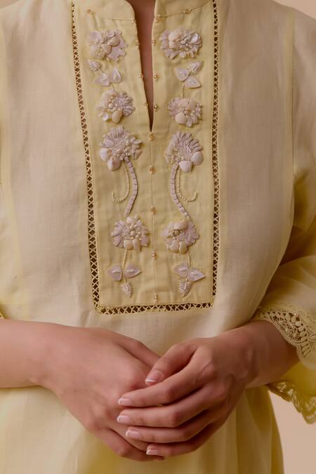 Buy Bunka Yellow Cotton Pearls, Embroidery, Crystals Mandarin Collar Kurta Set Online at Aza Fashions Buy_Bunka_Yellow Cotton Pearls, Embroidery, Crystals Mandarin Collar Kurta Set _Online_at_Aza_Fashions