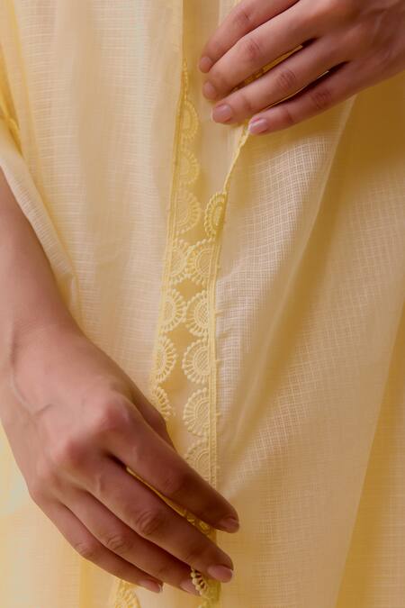 Shop_Bunka_Yellow Kota Doria Dupatta With Lace_at_Aza_Fashions
