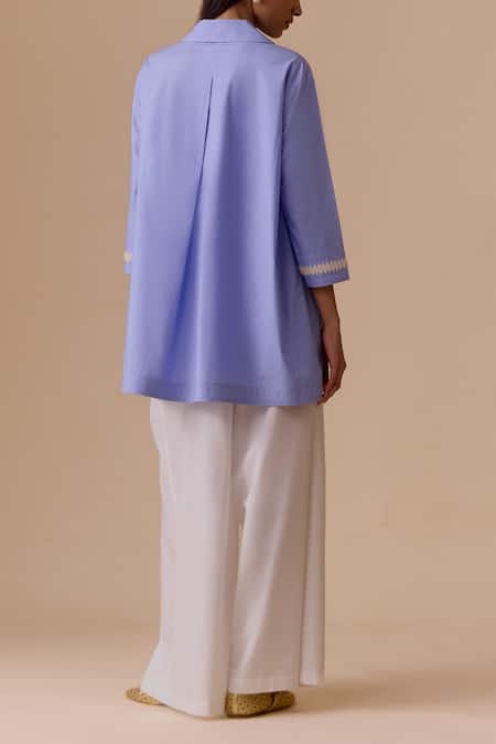 Shop Bunka Blue Embroidery Collared Tunic With Pockets at Aza Fashions Shop_Bunka_Blue Embroidery Collared Tunic With Pockets _at_Aza_Fashions