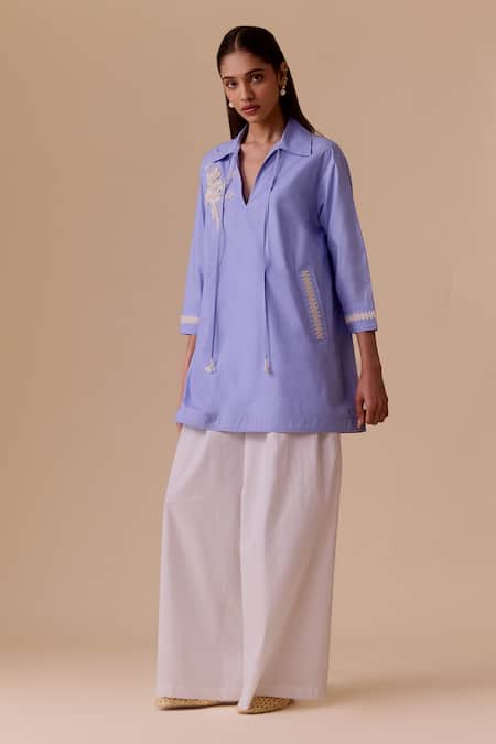 Bunka Blue Embroidery Collared Tunic With Pockets Online at Aza Fashions Bunka_Blue Embroidery Collared Tunic With Pockets _Online_at_Aza_Fashions