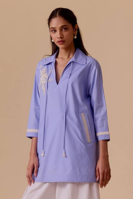 Buy Bunka Blue Embroidery Collared Tunic With Pockets Online at Aza Fashions Buy_Bunka_Blue Embroidery Collared Tunic With Pockets _Online_at_Aza_Fashions