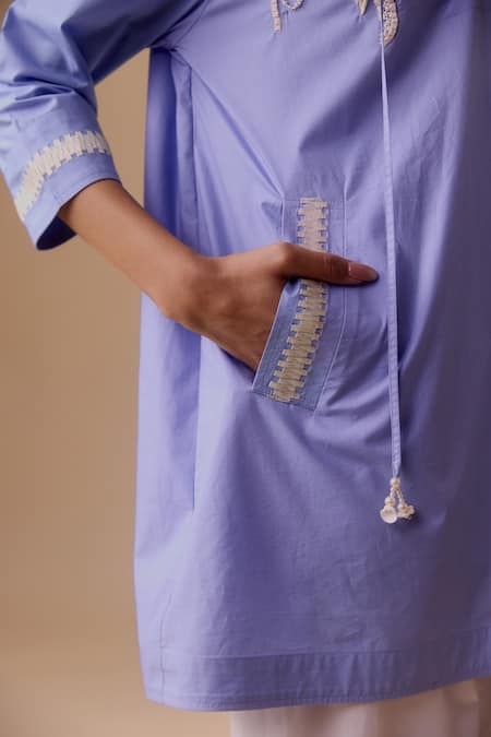 Shop Bunka Blue Embroidery Collared Tunic With Pockets Online at Aza Fashions Shop_Bunka_Blue Embroidery Collared Tunic With Pockets _Online_at_Aza_Fashions
