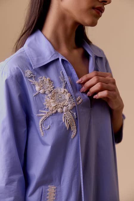 Bunka Blue Embroidery Collared Tunic With Pockets at Aza Fashions Bunka_Blue Embroidery Collared Tunic With Pockets _at_Aza_Fashions