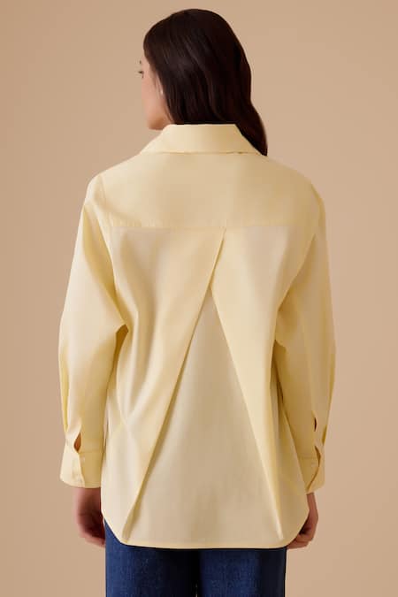 Shop Bunka Yellow Pearls, Crystals, Stones Collared Hand Embroidered Oversized Shirt at Aza Fashions Shop_Bunka_Yellow Pearls, Crystals, Stones Collared Hand Embroidered Oversized Shirt _at_Aza_Fashions