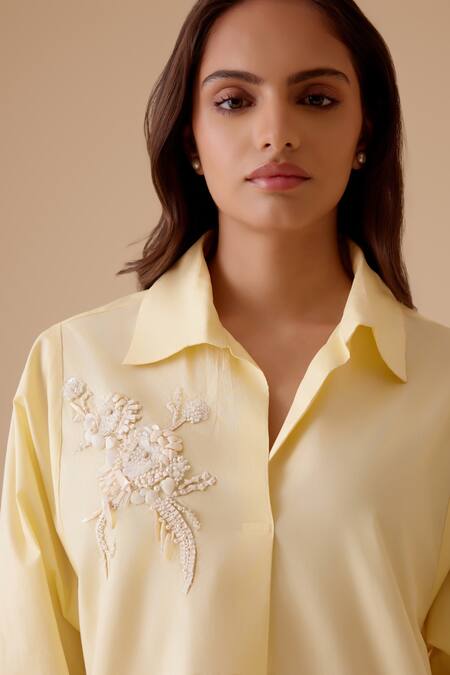 Bunka Yellow Pearls, Crystals, Stones Collared Hand Embroidered Oversized Shirt Online at Aza Fashions Bunka_Yellow Pearls, Crystals, Stones Collared Hand Embroidered Oversized Shirt _Online_at_Aza_Fashions