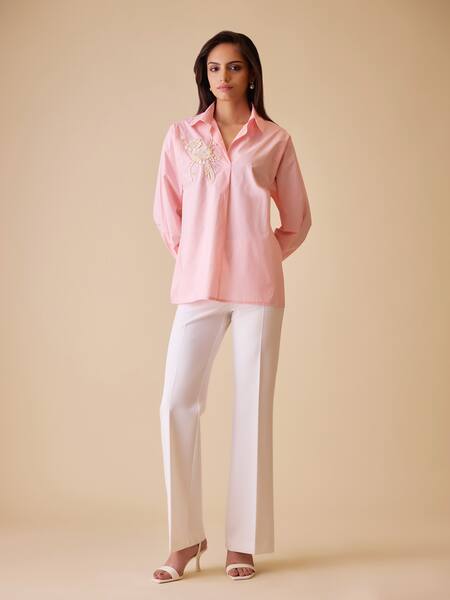 Bunka_Pink Pearls, Crystals Collared Hand-embroidered Cotton Shirt _Online_at_Aza_Fashions