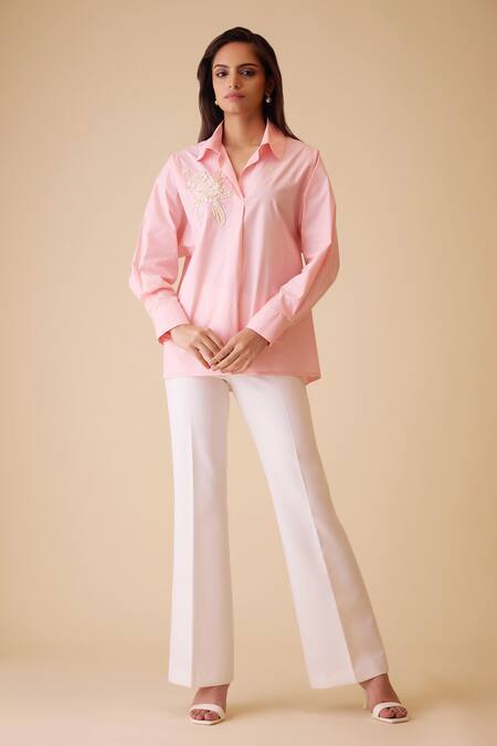 Buy_Bunka_Pink Pearls, Crystals Collared Hand-embroidered Cotton Shirt _Online_at_Aza_Fashions