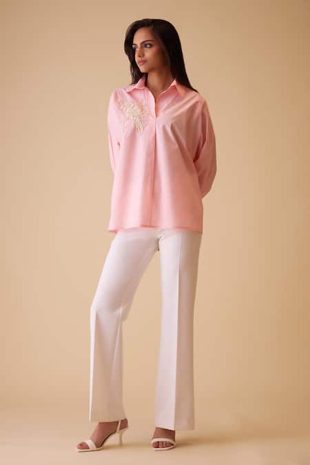 Shop_Bunka_Pink Pearls, Crystals Collared Hand-embroidered Cotton Shirt _Online_at_Aza_Fashions