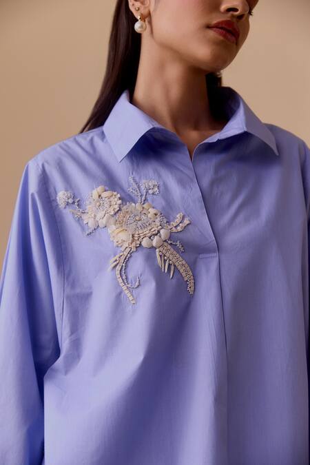 Bunka Blue Embroidery, Pearls, Crystals Collared Hand Oversized Shirt Online at Aza Fashions Bunka_Blue Embroidery, Pearls, Crystals Collared Hand Oversized Shirt _Online_at_Aza_Fashions