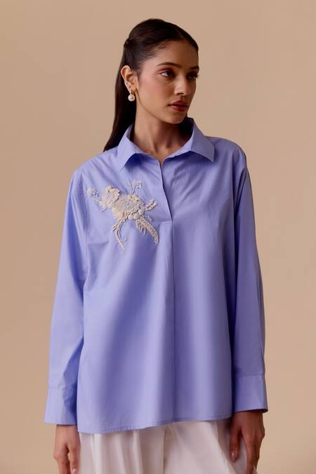 Buy Bunka Blue Embroidery, Pearls, Crystals Collared Hand Oversized Shirt Online at Aza Fashions Buy_Bunka_Blue Embroidery, Pearls, Crystals Collared Hand Oversized Shirt _Online_at_Aza_Fashions