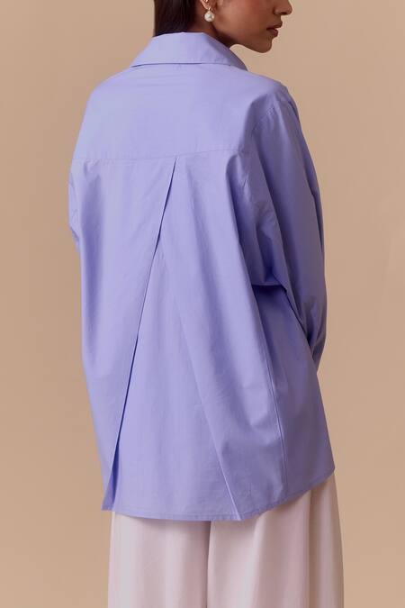 Shop Bunka Blue Embroidery, Pearls, Crystals Collared Hand Oversized Shirt at Aza Fashions Shop_Bunka_Blue Embroidery, Pearls, Crystals Collared Hand Oversized Shirt _at_Aza_Fashions