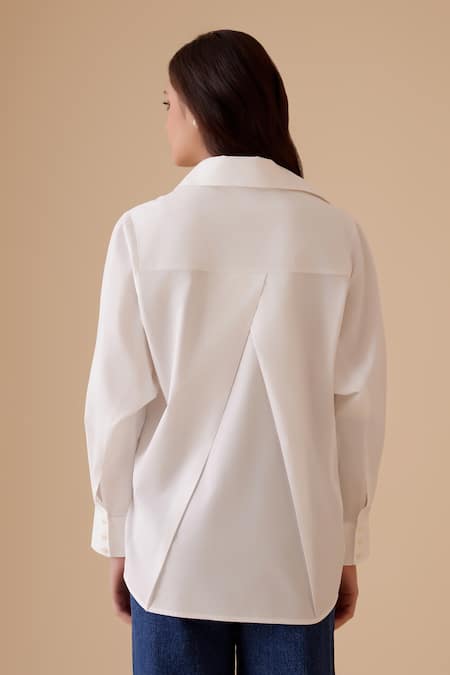 Shop Bunka White Embroidery Collared Hand Oversized Shirt at Aza Fashions Shop_Bunka_White Embroidery Collared Hand Oversized Shirt _at_Aza_Fashions