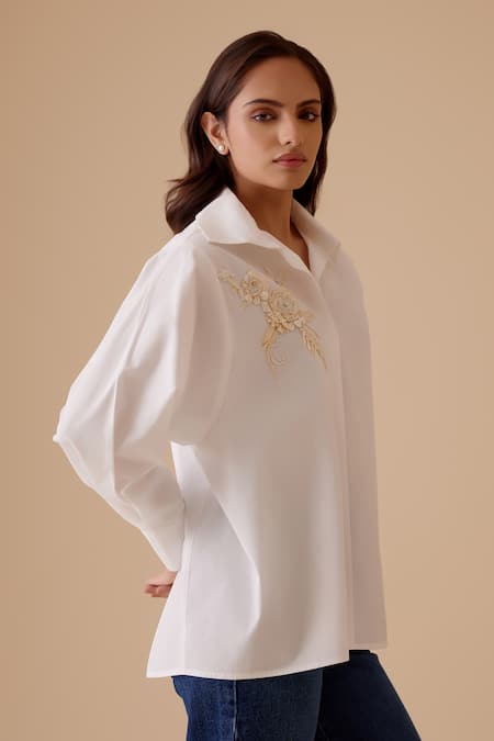 Bunka White Embroidery Collared Hand Oversized Shirt Online at Aza Fashions Bunka_White Embroidery Collared Hand Oversized Shirt _Online_at_Aza_Fashions