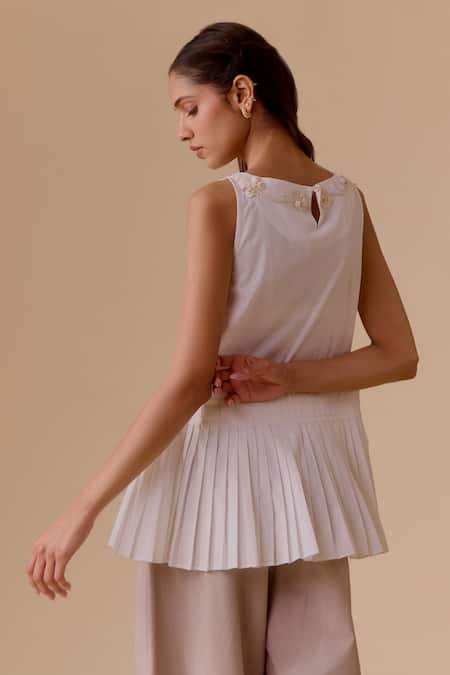 Bunka White Embroidery Boat Neck Pleated Sleeveless Cotton Top Online at Aza Fashions Bunka_White Embroidery Boat Neck Pleated Sleeveless Cotton Top _Online_at_Aza_Fashions