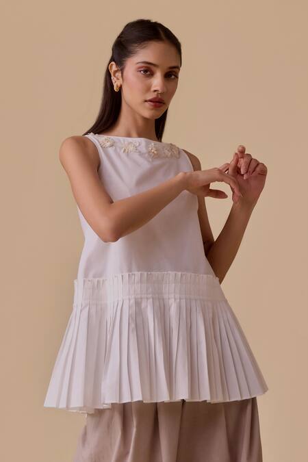 Shop Bunka White Embroidery Boat Neck Pleated Sleeveless Cotton Top Online at Aza Fashions Shop_Bunka_White Embroidery Boat Neck Pleated Sleeveless Cotton Top _Online_at_Aza_Fashions