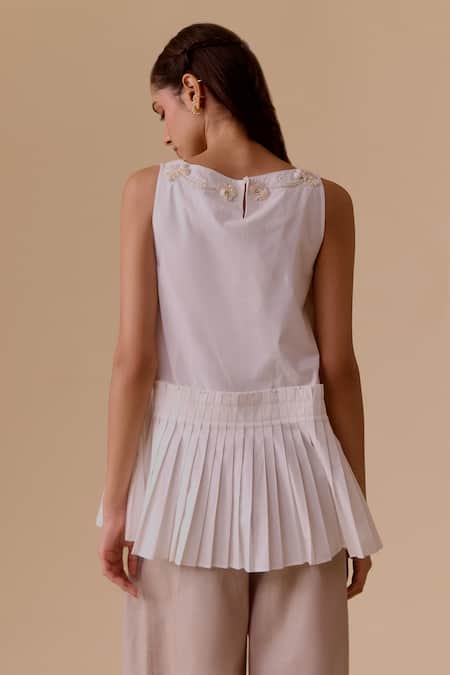 Shop Bunka White Embroidery Boat Neck Pleated Sleeveless Cotton Top at Aza Fashions Shop_Bunka_White Embroidery Boat Neck Pleated Sleeveless Cotton Top _at_Aza_Fashions