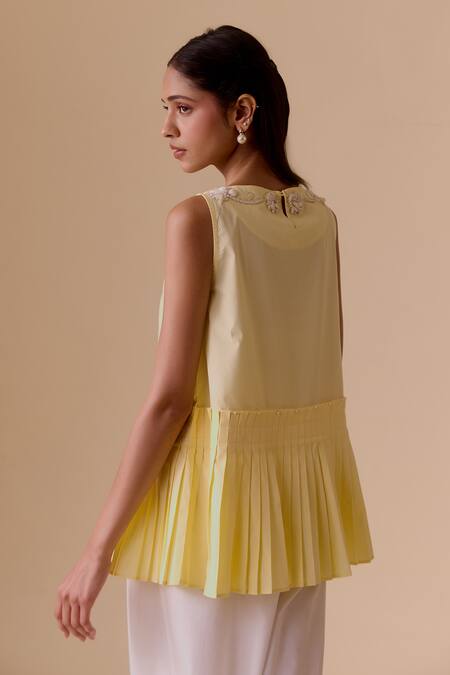 Bunka Yellow Embroidery Boat Neck Pleated Cotton Top Online at Aza Fashions Bunka_Yellow Embroidery Boat Neck Pleated Cotton Top _Online_at_Aza_Fashions
