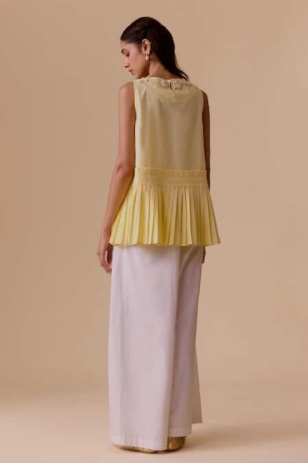 Shop Bunka Yellow Embroidery Boat Neck Pleated Cotton Top at Aza Fashions Shop_Bunka_Yellow Embroidery Boat Neck Pleated Cotton Top _at_Aza_Fashions