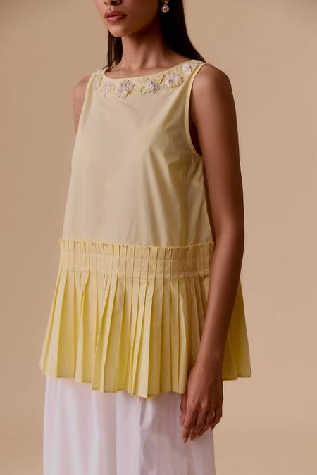 Buy Bunka Yellow Embroidery Boat Neck Pleated Cotton Top Online at Aza Fashions Buy_Bunka_Yellow Embroidery Boat Neck Pleated Cotton Top _Online_at_Aza_Fashions