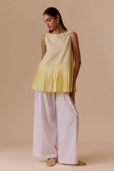 Shop Bunka Yellow Embroidery Boat Neck Pleated Cotton Top Online at Aza Fashions Shop_Bunka_Yellow Embroidery Boat Neck Pleated Cotton Top _Online_at_Aza_Fashions